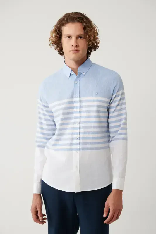 Men's Blue Button-Down Collar Striped Slim Fit Shirt A41y2190 - AVVA