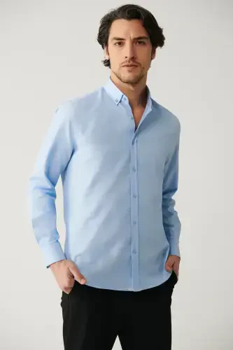 Men's Blue Button Down Easy Iron Oxford Cotton Regular Fit Shirt E002000 - AVVA (1)