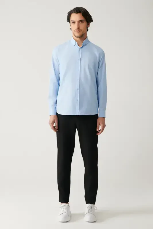 Men's Blue Button Down Easy Iron Oxford Cotton Regular Fit Shirt E002000 - 6