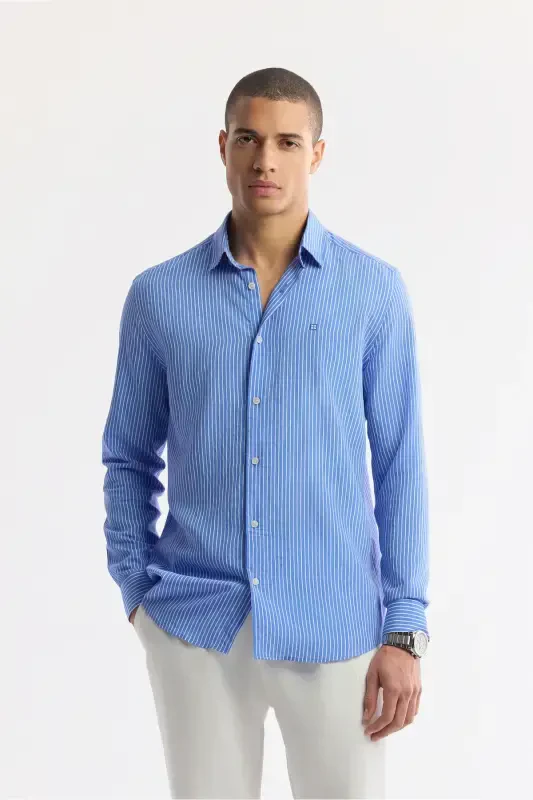 Men's Blue Button-Down Striped Long Sleeve Shirt - 1