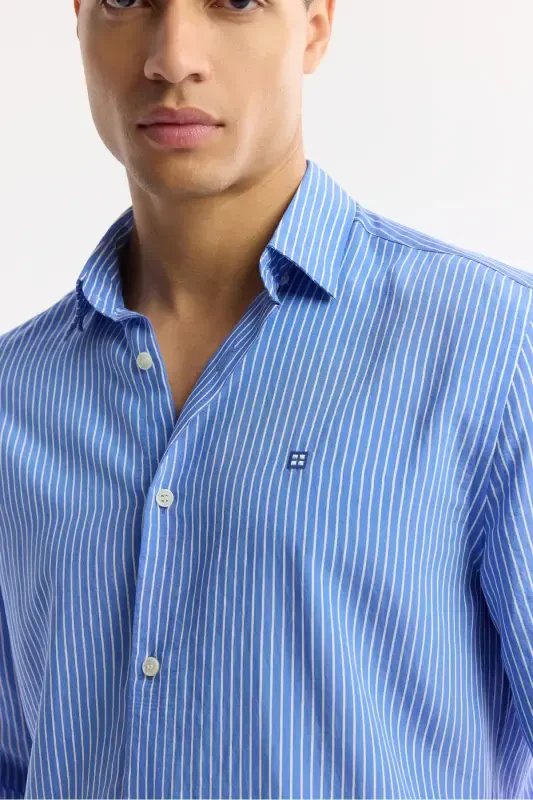 Men's Blue Button-Down Striped Long Sleeve Shirt - 2