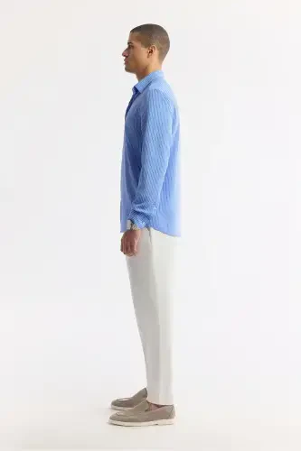 Men's Blue Button-Down Striped Long Sleeve Shirt - 3