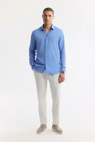 Men's Blue Button-Down Striped Long Sleeve Shirt - 5