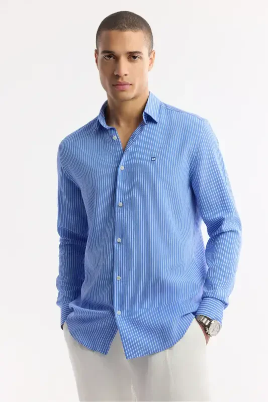 Men's Blue Button-Down Striped Long Sleeve Shirt - 6