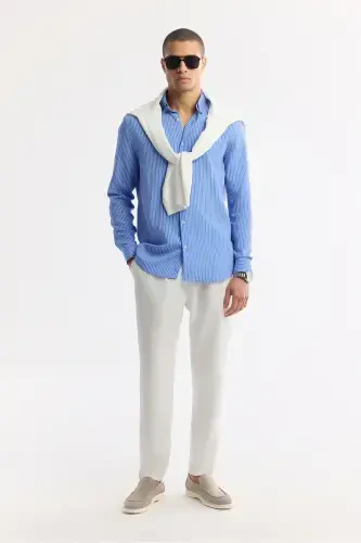 Men's Blue Button-Down Striped Long Sleeve Shirt - 7