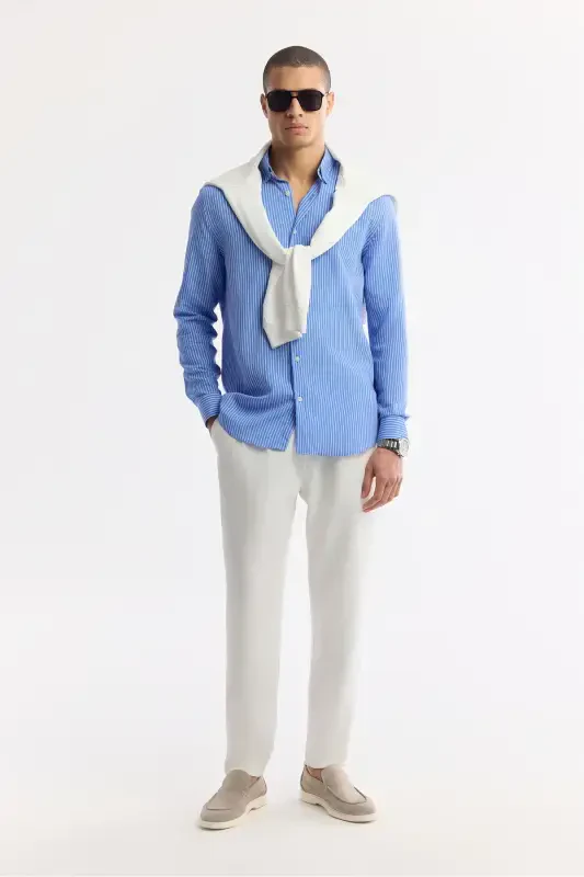 Men's Blue Button-Down Striped Long Sleeve Shirt - 7