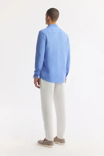 Men's Blue Button-Down Striped Long Sleeve Shirt - 4