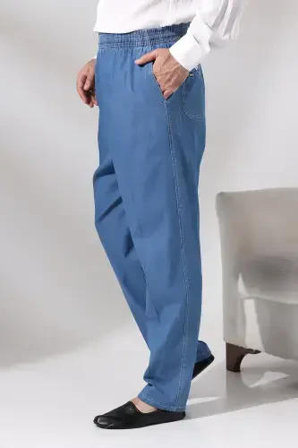 Men's Blue Çınar Elastic Waist Relaxed Fit Denim Shalwar Pants-Blue - 2
