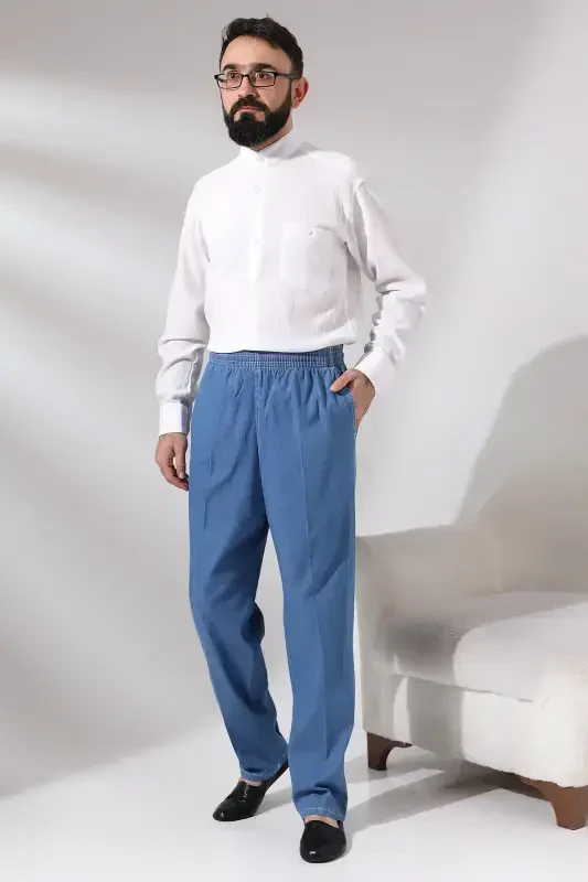 Men's Blue Çınar Elastic Waist Relaxed Fit Denim Shalwar Pants-Blue - 5
