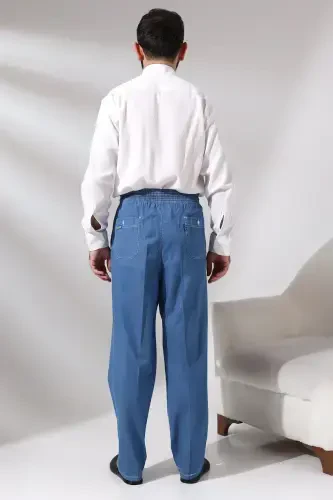 Men's Blue Çınar Elastic Waist Relaxed Fit Denim Shalwar Pants-Blue - 6