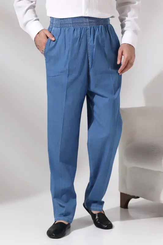 Men's Blue Çınar Elastic Waist Relaxed Fit Denim Shalwar Pants-Blue - 1
