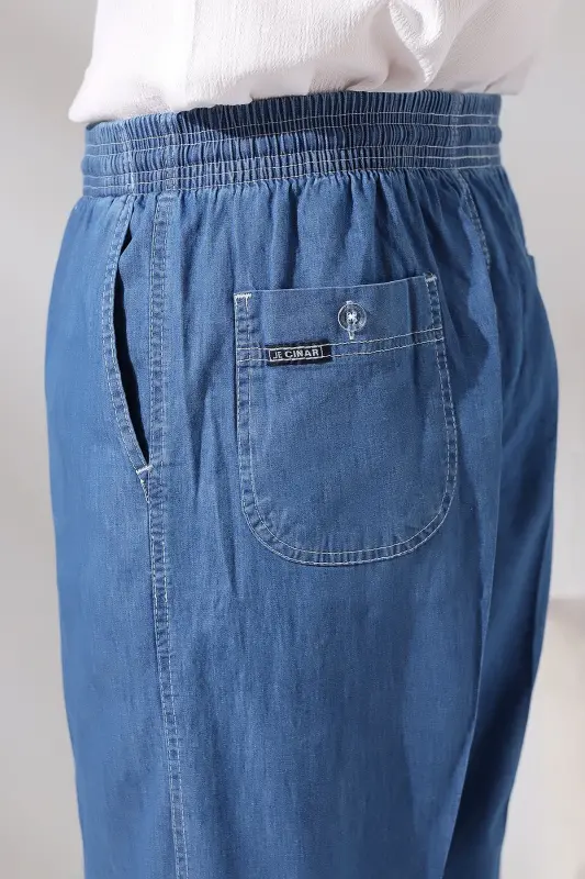 Men's Blue Çınar Elastic Waist Relaxed Fit Denim Shalwar Pants-Blue - 3