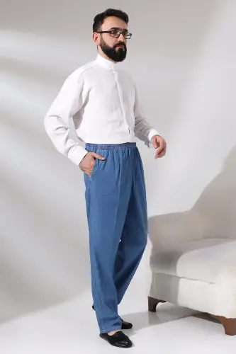 Men's Blue Çınar Elastic Waist Relaxed Fit Denim Shalwar Pants-Blue - 4