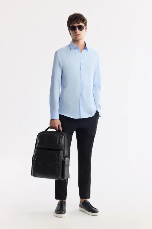 Men's Blue Classic Collar 100% Cotton Satin Slim Fit Shirt B002006 - 7