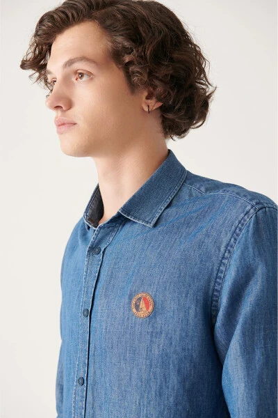 Men's Blue Classic Collar Cotton Snap Marine Print Comfort Fit Relaxed Fit Denim Shirt A31y2224 - AVVA (1)