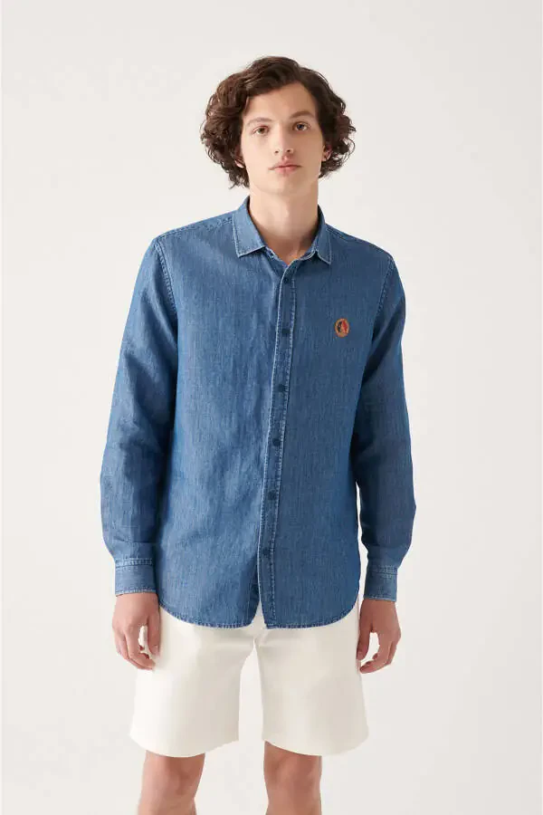 Men's Blue Classic Collar Cotton Snap Marine Print Comfort Fit Relaxed Fit Denim Shirt A31y2224 - 3