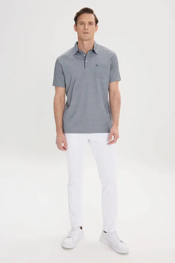 Men's Blue Comfort Fit Relaxed Cut Polo Collar Cotton Short Sleeve T-Shirt - 2