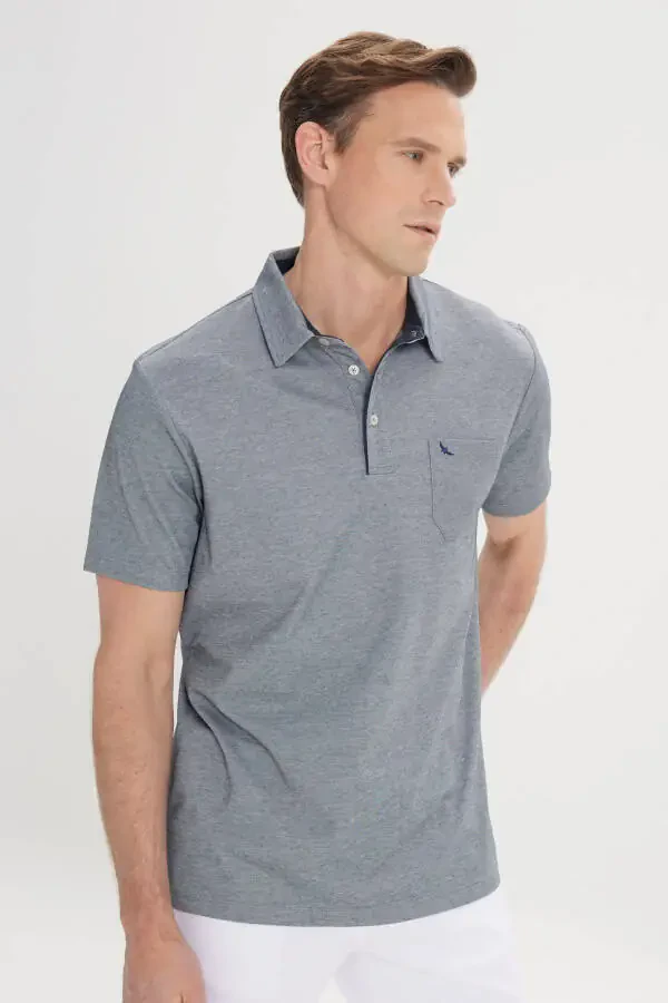 Men's Blue Comfort Fit Relaxed Cut Polo Collar Cotton Short Sleeve T-Shirt - 3