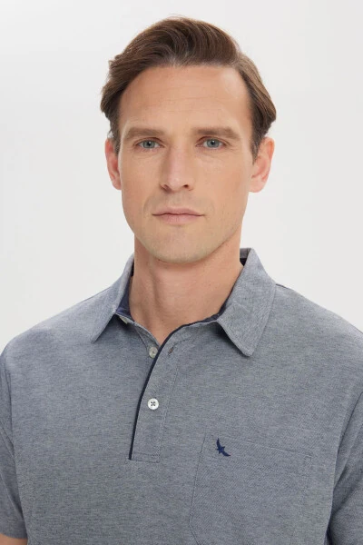 Men's Blue Comfort Fit Relaxed Cut Polo Collar Cotton Short Sleeve T-Shirt - 4