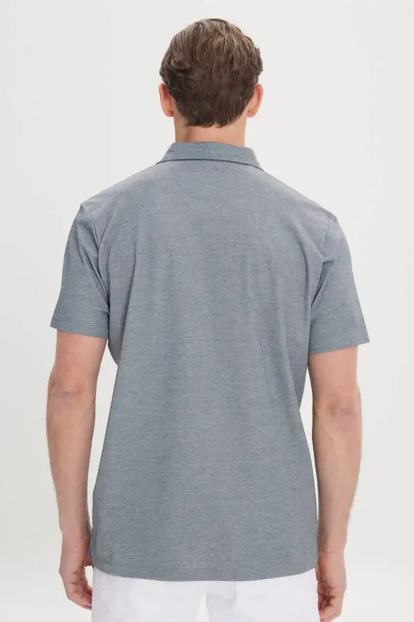 Men's Blue Comfort Fit Relaxed Cut Polo Collar Cotton Short Sleeve T-Shirt - 5