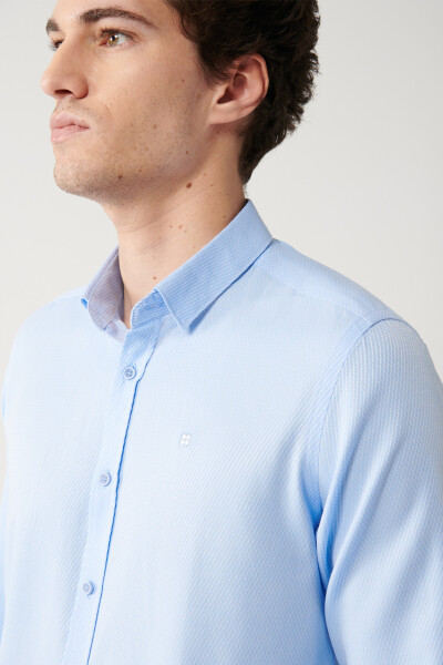 Men's Blue Cotton Slim Fit Shirt with British Collar and Armholes A32y2056 - 12