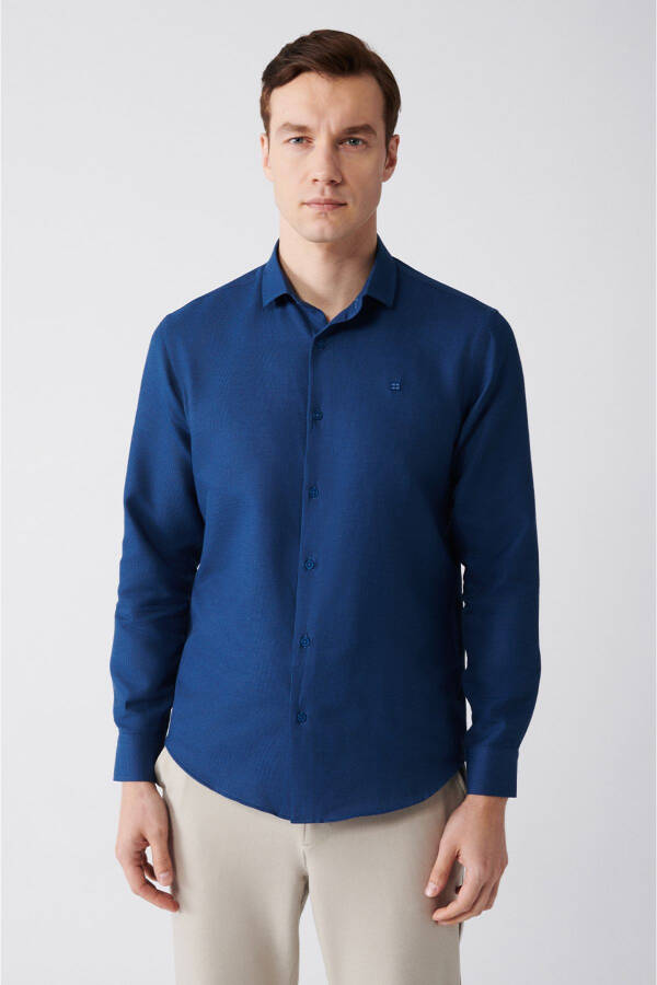 Men's Blue Easy Iron Classic Collar Waffle Cotton Slim Fit Narrow Cut Shirt E002030 - 11