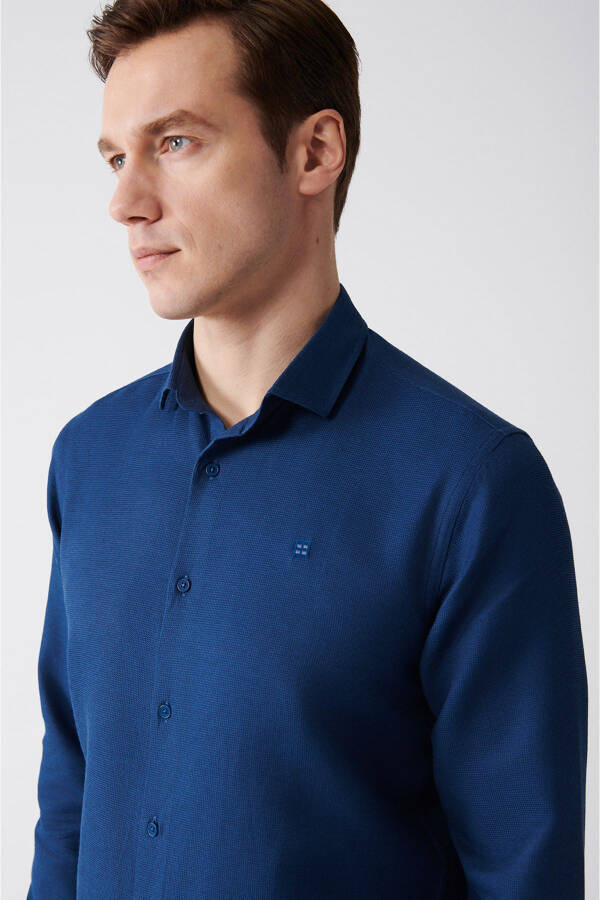 Men's Blue Easy Iron Classic Collar Waffle Cotton Slim Fit Narrow Cut Shirt E002030 - 12