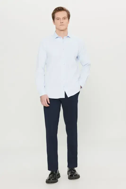 Men's Blue Easy Iron Slim Fit Narrow Cut Italian Collar Textured Shirt-Blue - 2