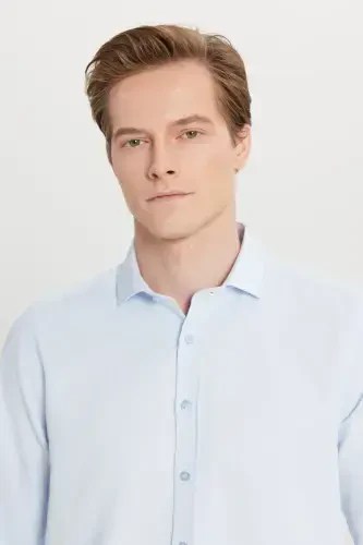 Men's Blue Easy Iron Slim Fit Narrow Cut Italian Collar Textured Shirt-Blue - 4