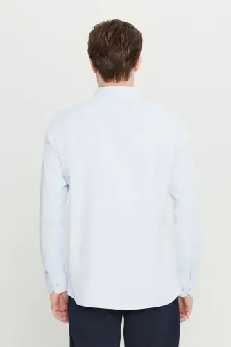 Men's Blue Easy Iron Slim Fit Narrow Cut Italian Collar Textured Shirt-Blue - 5