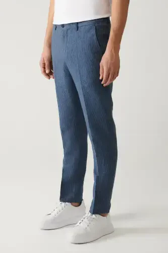 Men's Blue Elastic Waist Linen Blend Relaxed Fit Dress Pants A41y3260 - 3