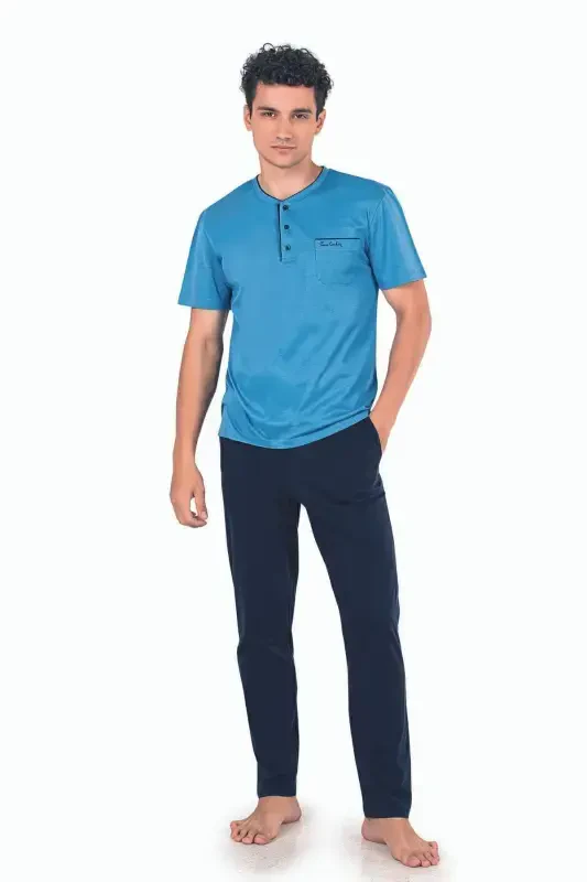 Men's Blue Groom Dowry 3-Piece Knitted Pajamas Set-Blue - 3