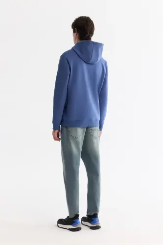 Men's Blue Hooded Cotton Printed Elastane Sweatshirt - 4