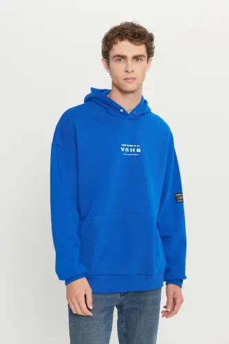 Men's Blue Oversize Fit Loose Fit Hooded Fleece Lined 3 Thread Cotton Sweatshirt-Blue - 7