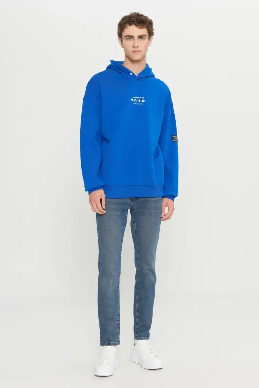 Men's Blue Oversize Fit Loose Fit Hooded Fleece Lined 3 Thread Cotton Sweatshirt-Blue - 8