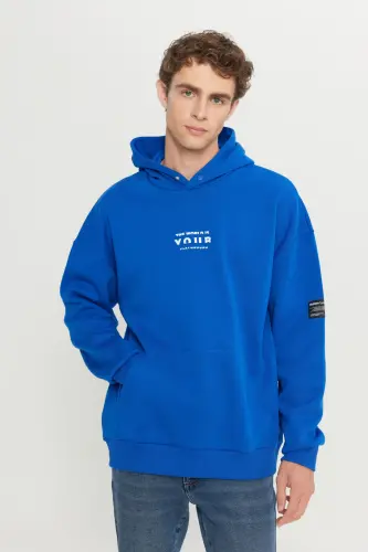 Men's Blue Oversize Fit Loose Fit Hooded Fleece Lined 3 Thread Cotton Sweatshirt-Blue - 9