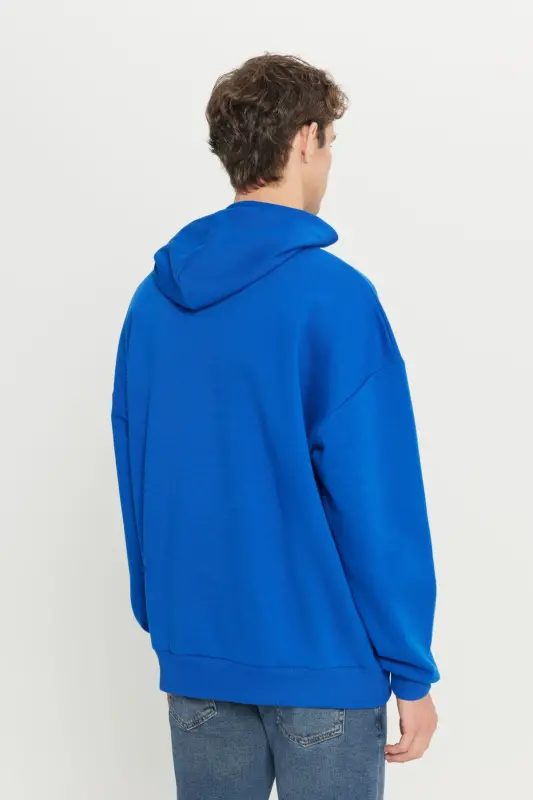 Men's Blue Oversize Fit Loose Fit Hooded Fleece Lined 3 Thread Cotton Sweatshirt-Blue - 6