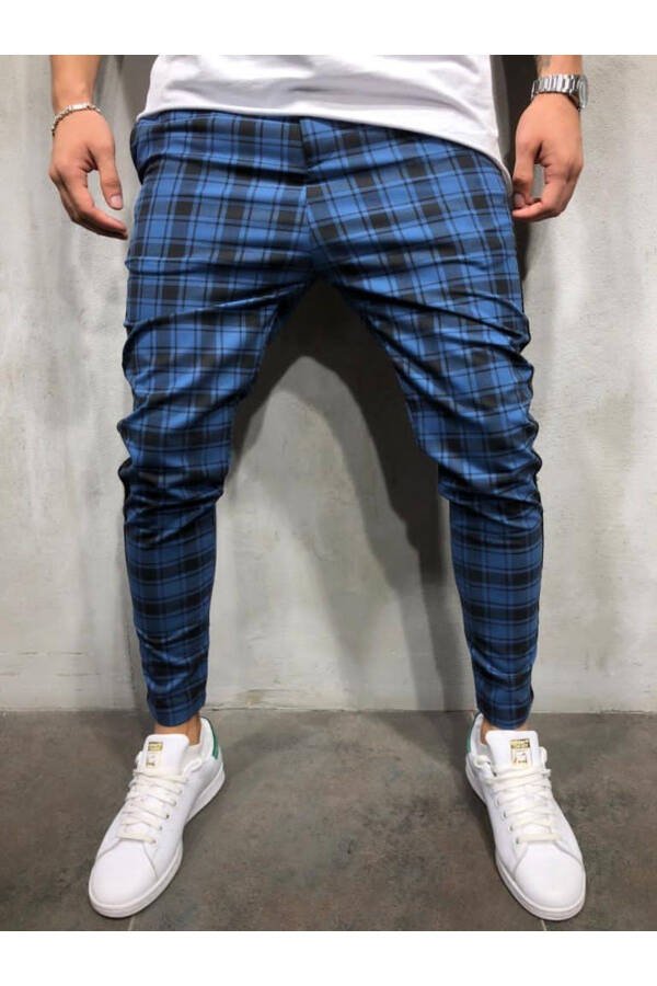 Men's Blue Plaid Jogger Pants - 3