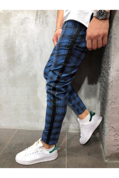 Men's Blue Plaid Jogger Pants - 4