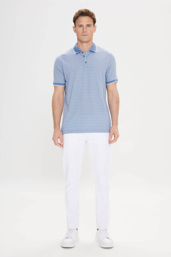 Men's Blue Regular Fit Relaxed Cut Polo Neck Jacquard T-Shirt - 2