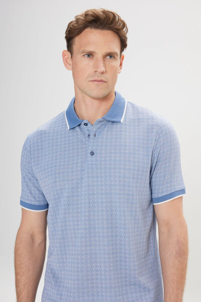 Men's Blue Regular Fit Relaxed Cut Polo Neck Jacquard T-Shirt - 3