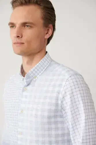 Men's Blue Shirt Buttoned Collar Plaid Patch Linen Blend Regular Fit A41y2052 - AVVA (1)