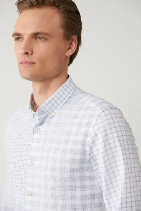 Men's Blue Shirt Buttoned Collar Plaid Patch Linen Blend Regular Fit A41y2052 - 2