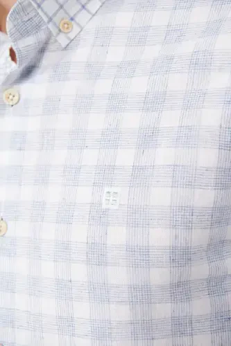 Men's Blue Shirt Buttoned Collar Plaid Patch Linen Blend Regular Fit A41y2052 - 5