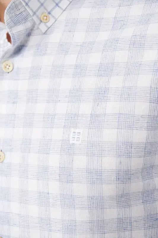 Men's Blue Shirt Buttoned Collar Plaid Patch Linen Blend Regular Fit A41y2052 - 5