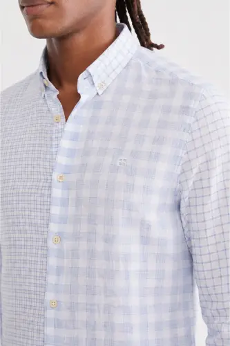 Men's Blue Shirt Buttoned Collar Plaid Patch Linen Blend Regular Fit A41y2052 - 3