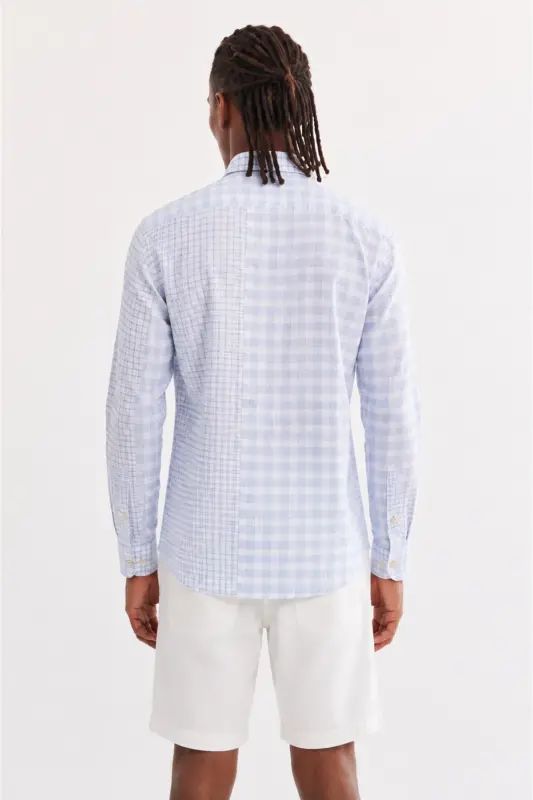 Men's Blue Shirt Buttoned Collar Plaid Patch Linen Blend Regular Fit A41y2052 - 4