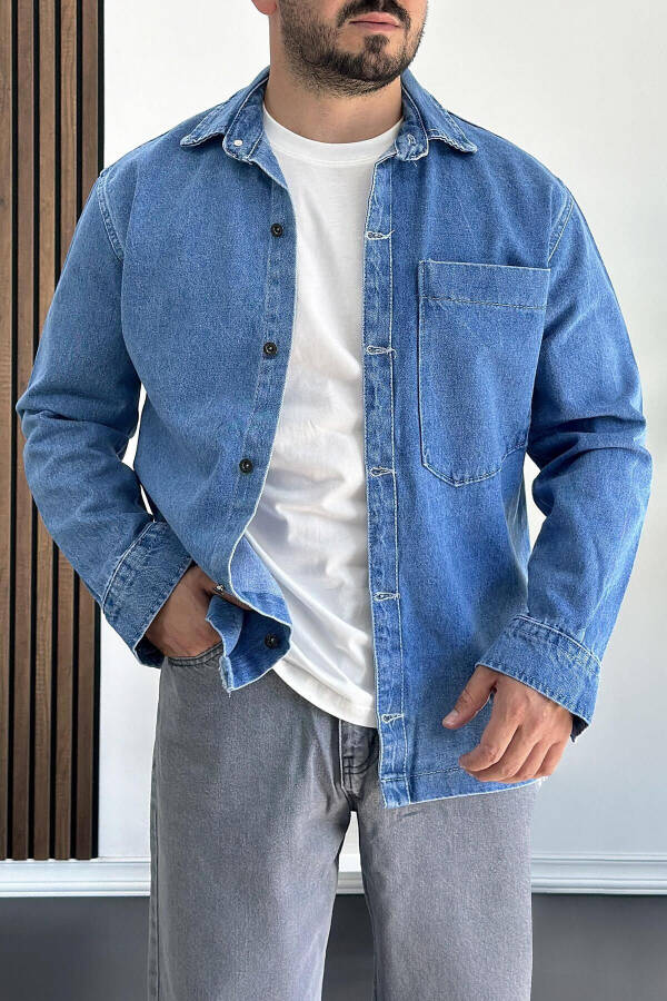 Men's Blue Shirt Jacket with Big Pockets - 1