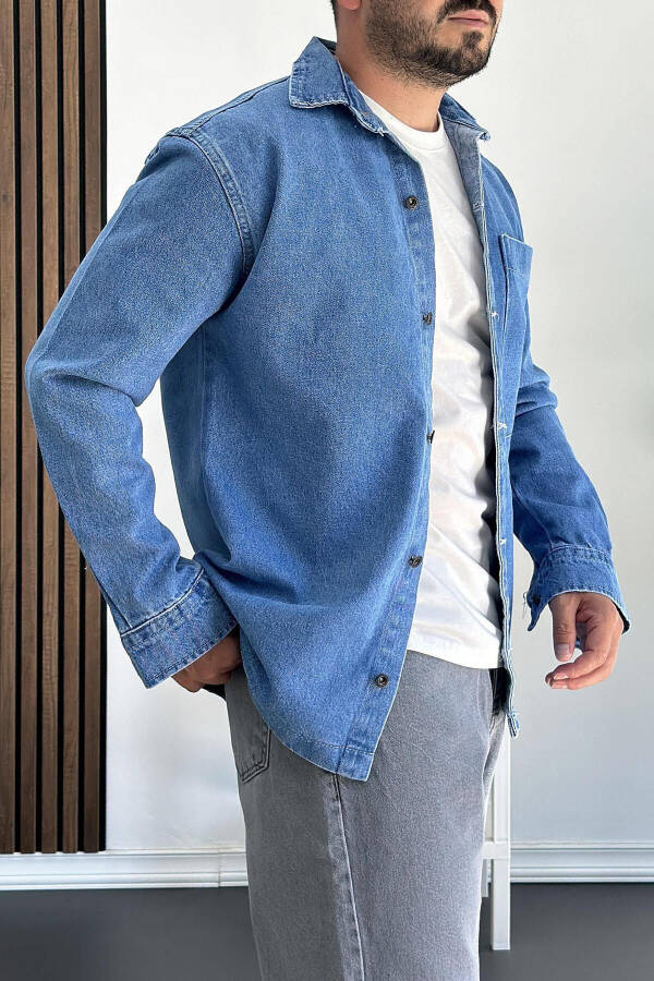 Men's Blue Shirt Jacket with Big Pockets - 2