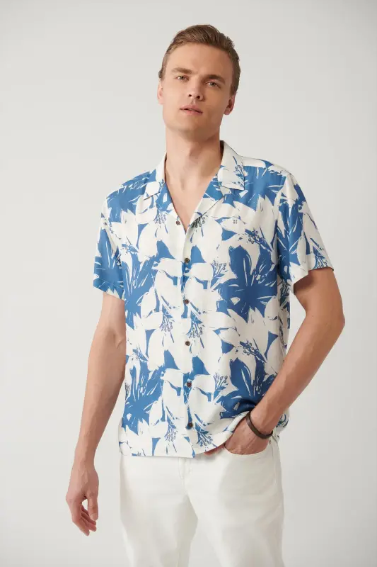 Men's Blue Shirt Spread Collar Viscose Linen Blend Patterned Regular Fit A41y2145 - 2